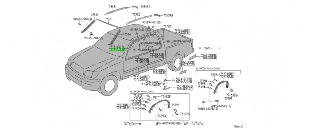 MOLDURA TOLDO TOYOTA TACOMA 2005 AL 2015 LAT IZQ ORIGINAL COD. 75552-04063
