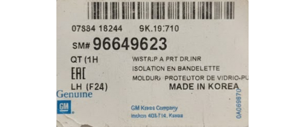 MOLDURA CAÑUELA CHEVROLET AVEO 2007 AL 2011/ PONTIAC G3 2009 AL 2010 DEL IZQ/DER ORIGINAL GM COD. 96649623