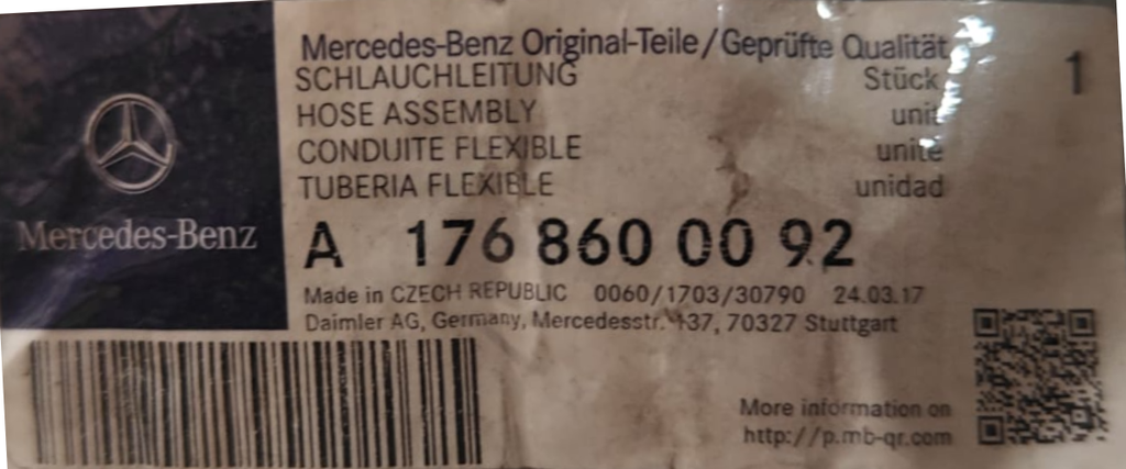 MANGUERA P/CHISGUETERO LIMPIAPARABRISAS MERCEDEZ BENZ CLASE A W176/ GLA X156 2012 AL 2020 ORIGINAL COD. A-176860-00-92