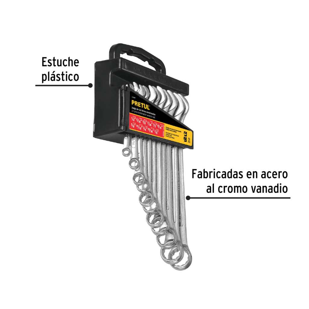 JUEGO DE LLAVES COMBINADAS MILIMETRIACAS 11 PZ PRETUL COD. 21990 COD. J-2011P