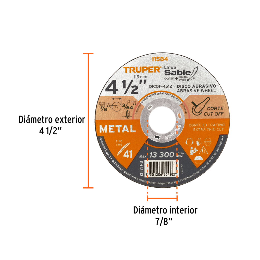 DISCO PARA CORTE DE METAL 4-1/2" TIPO 41,TRUPER EXPERT