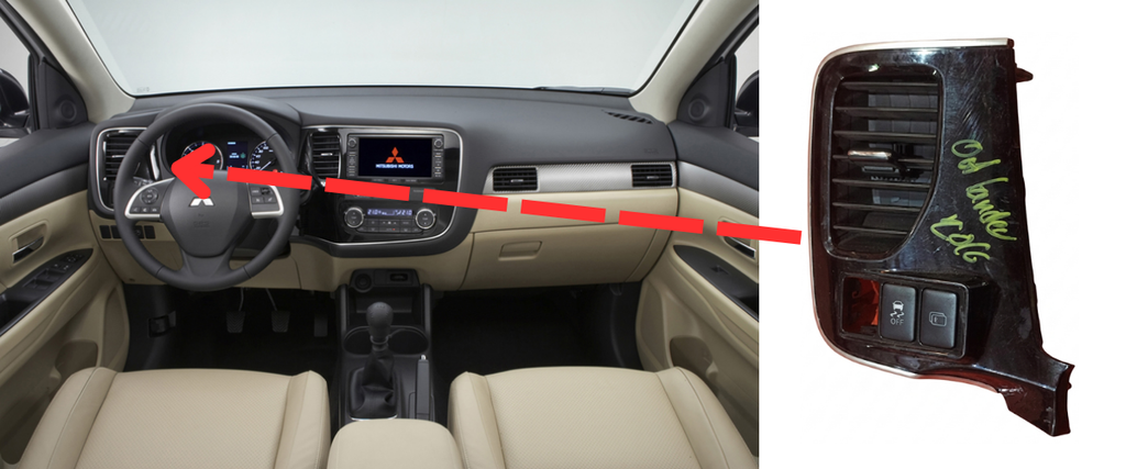 REJILLA INTERIOR DE AIRE ACONDICIONADO MITSUBISHI OUTLANDER 2012 AL 2022 ES/SE/SEL/GT/PHEV 2.0/2.4/3.0L C/BOTON ANTIDERRAPANTE LAT TAB DEL IZQ DESMONTADO ORIGINAL COD. 8030A201