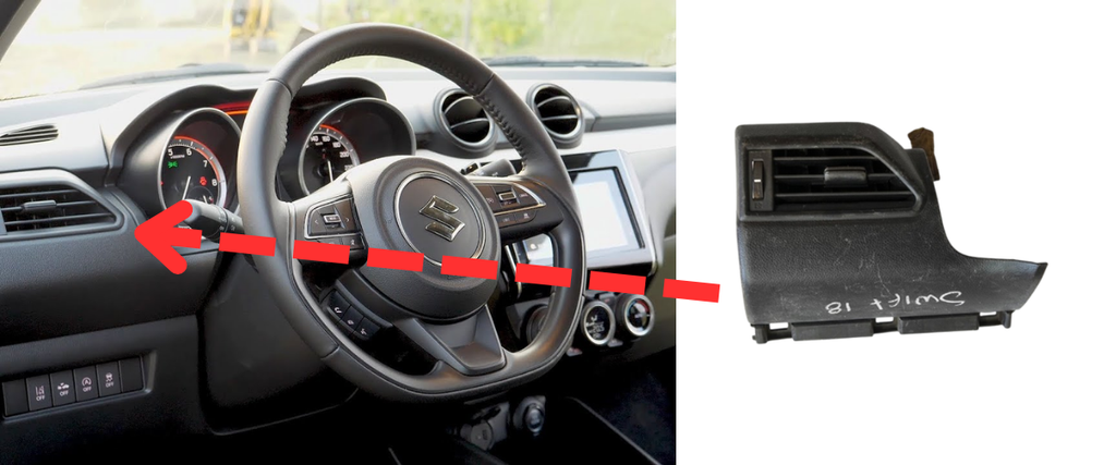 REJILLA INTERIOR DE AIRE ACONDICIONADO SUZUKI SWIFT 2017 AL 2024 GL/GLX/BOOSTERJET/HYBRID 1.2/1.0L BOOSTERJET C/MOLDURA LAT TAB DEL IZQ DESMONTADON ORIGINAL COD. 73831-52R5