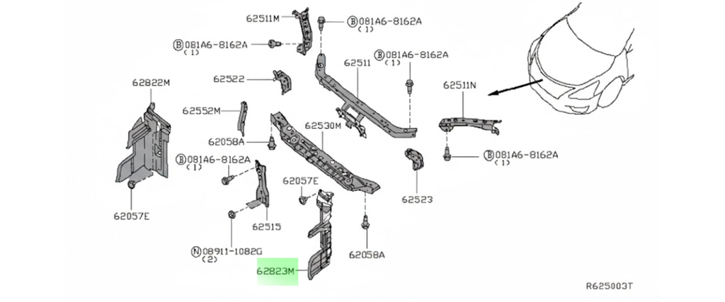 TOLVA RADIADOR DEFLECTOR DE AIRE NISSAN SENTRA 2013 AL 2016 DEL IZQ DESMONTADO ORIGINAL COD. 62823-3SH0A