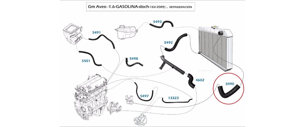 MANGUERA RADIADOR CHEVROLET AVEO 2008 AL 2017 1.6L SUP ORIGINAL COD. 96807000