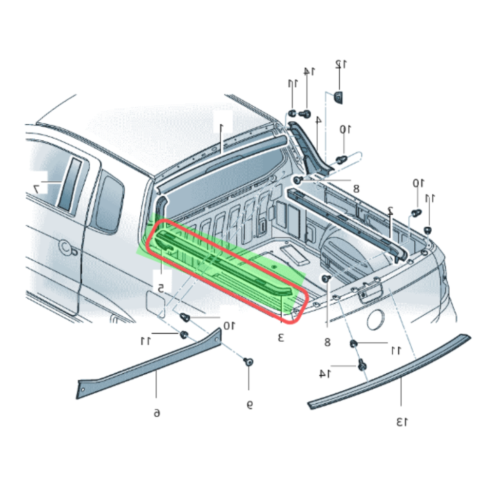 MOLDURA TAPA BATEA (CAJA) VOLKSWAGEN SAVEIRO 2010 AL 2018 TRAS IZQ ORIGINAL COD. 5U7853985
