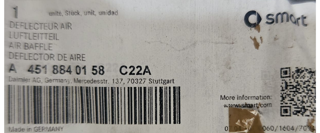 REJILLA (PARRILLA) SMART FORTWO 2008 AL 2012 TRAS IZQ ORGINAL COD. 4518840158