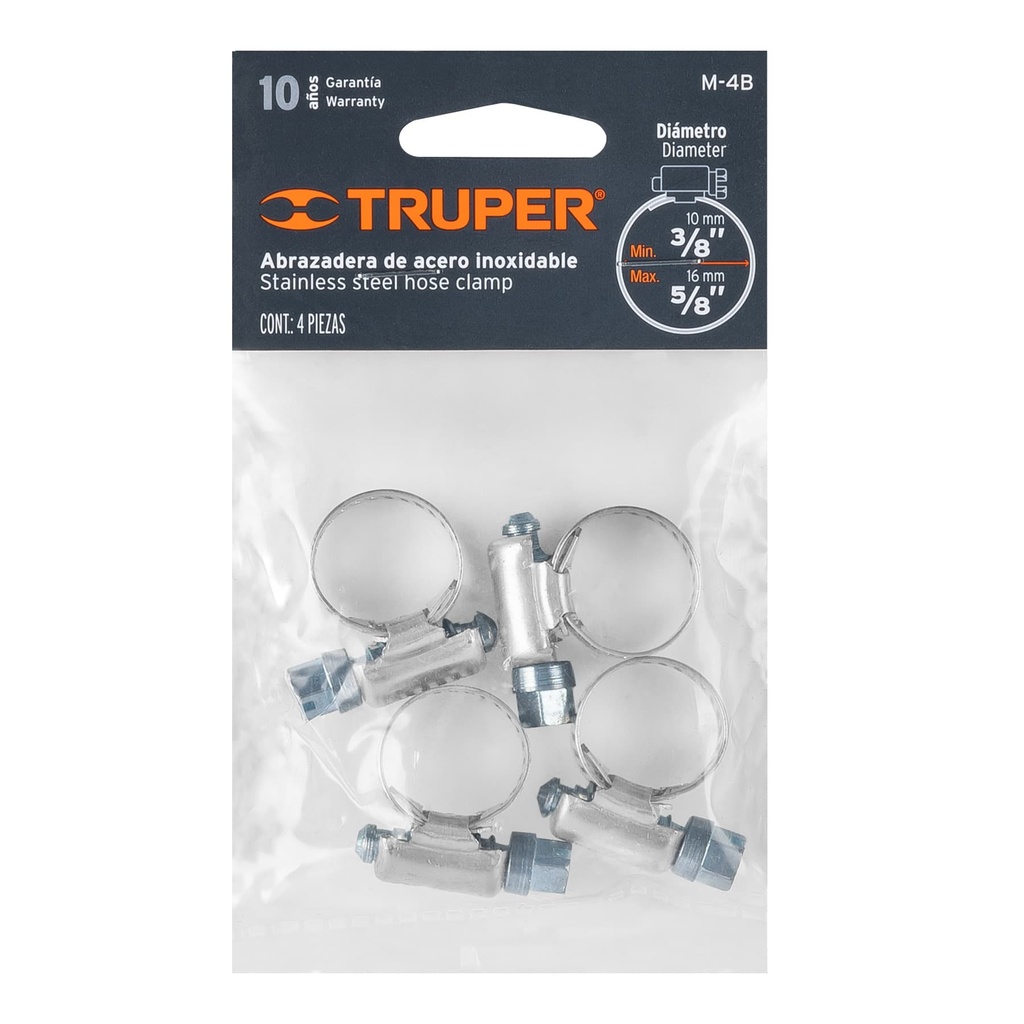 [TRABR4ACINBL] ABRAZADERA 4 DE ACERO INOXIDABLE BLISTER 4 PZ TRUPER COD. 10021 M-4B (160587)